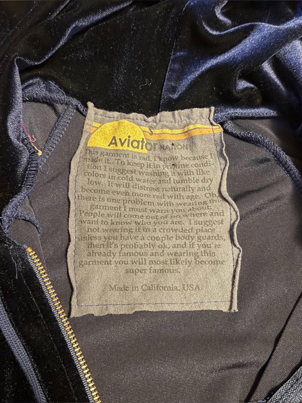Aviator Nation Classic Velvet Relaxed Zip Hoodie Navy Blue Small EUC - Picture 12 of 14